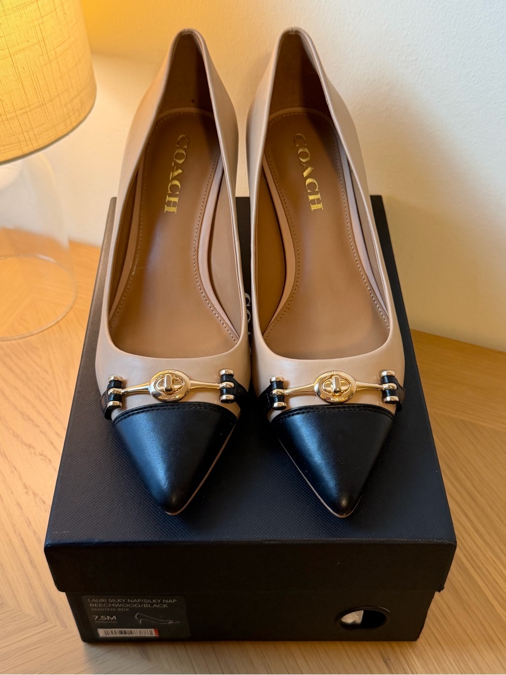 Coach NWB Size 7.5 Beechwood Black Lauri Silk Nap Kitten Heel Pumps Turn Lock